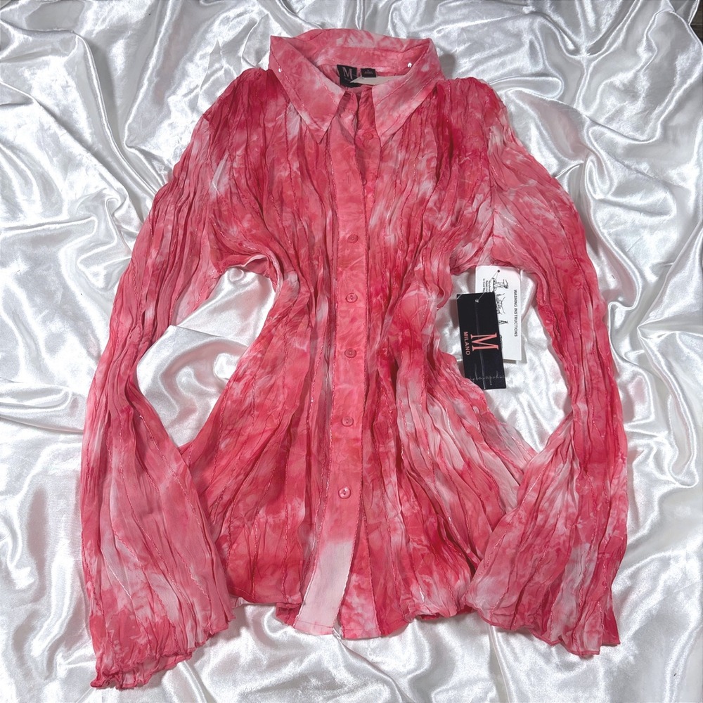 y2k Blouse Pink NWT Milano Tie Dye Sequin Crinkle Button Down Long Sleeve Top